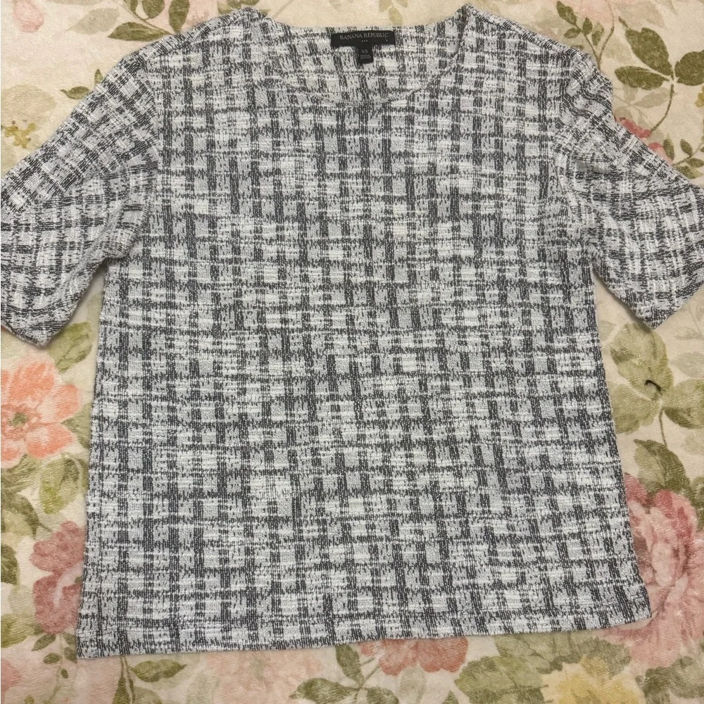 Banana Republic Plaid Textured Tweed Knit Puff Sleeve Short Sleeve Top Blouse